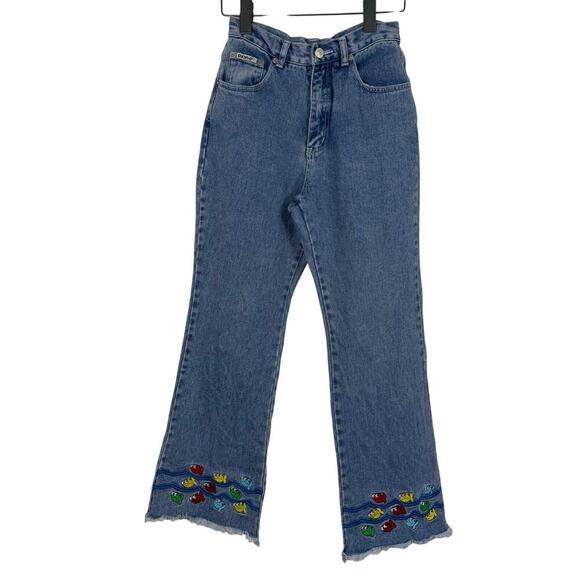 VTG Retro Revolt Denim Jeans Size 12 Embroidered Fish Raw Hem Straight *Read - Picture 1 of 13